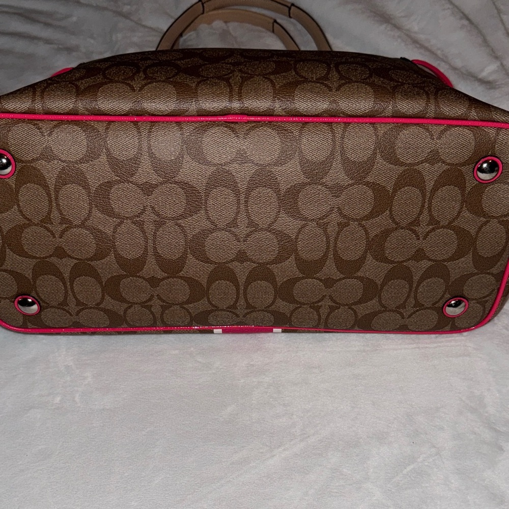 Coach Brown Signature Tote with Pink and White Stripe - Picture 7 of 14